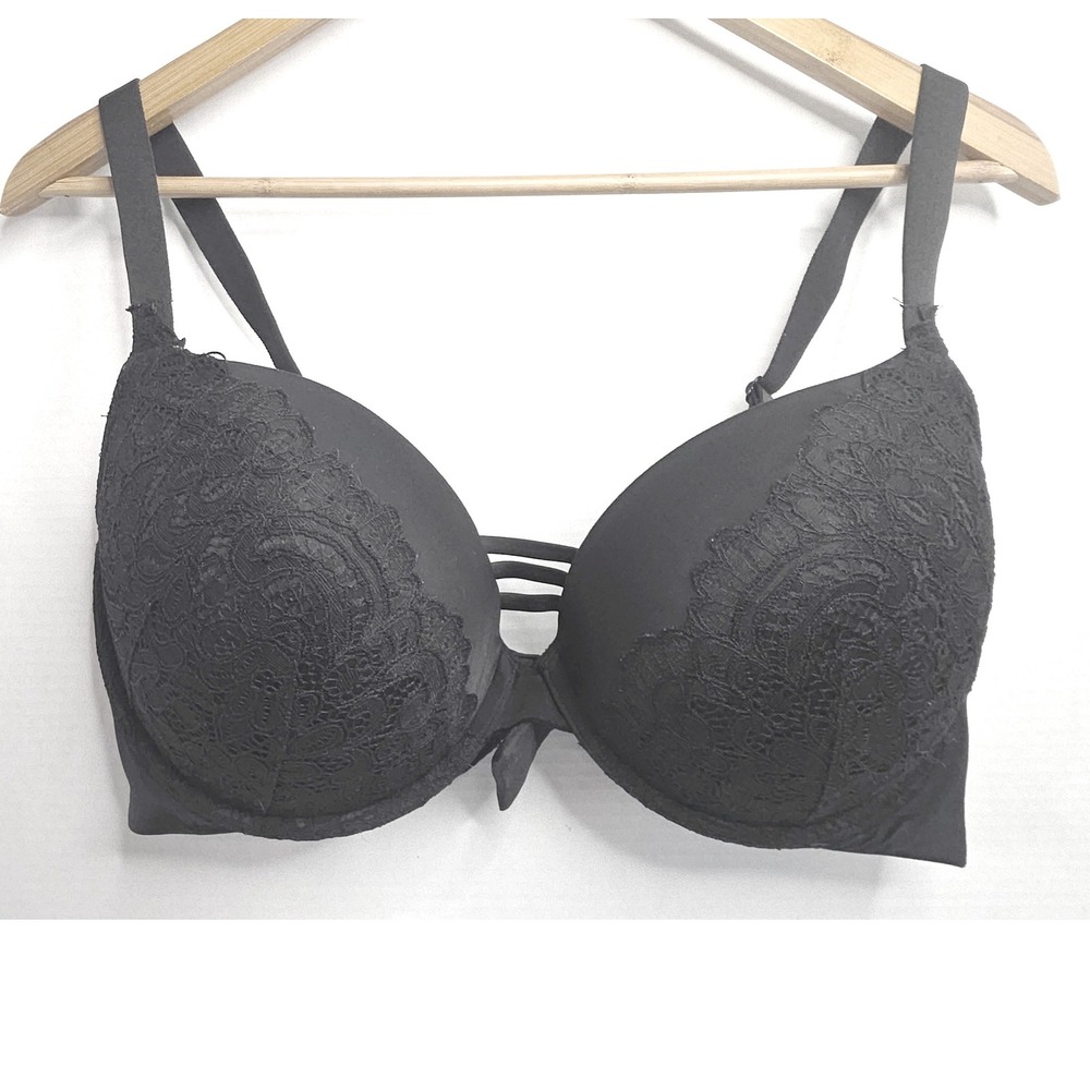 Soma Stunning Push Up Bra Black Lace Strappy Cage Center 40DD Underwire Padded